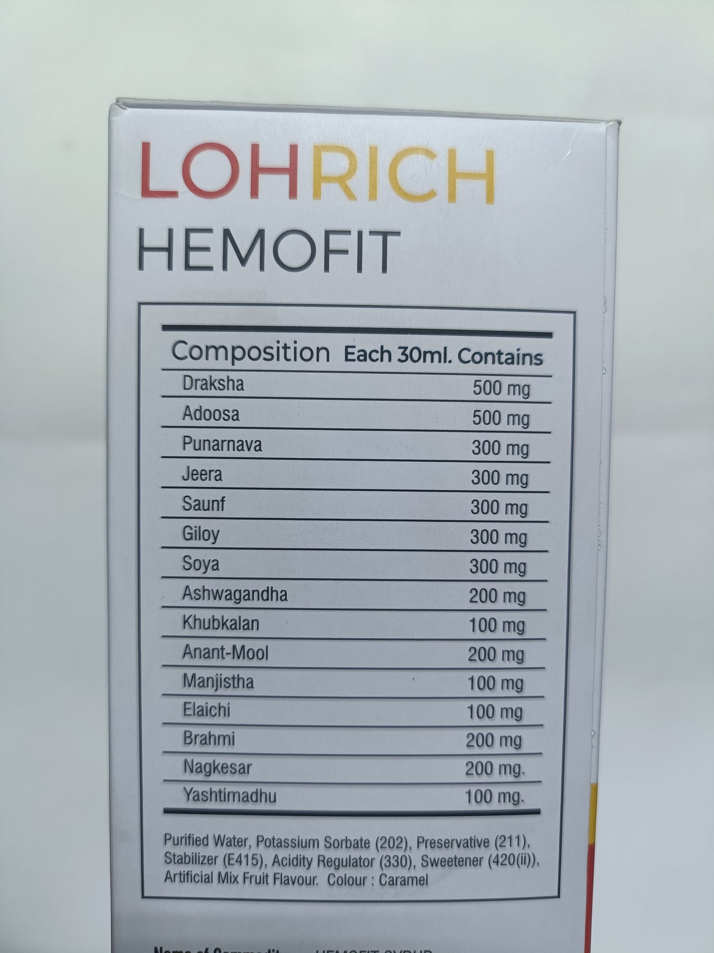 Lohrich Hemofit label with ingredient list on a white background