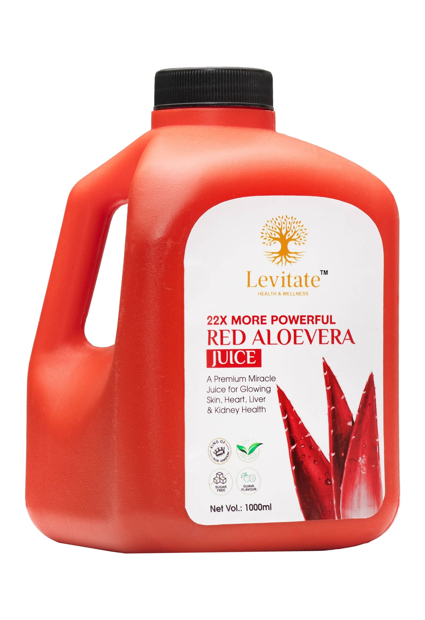 Red aloe vera juice container with 'Levitate' branding on a white background