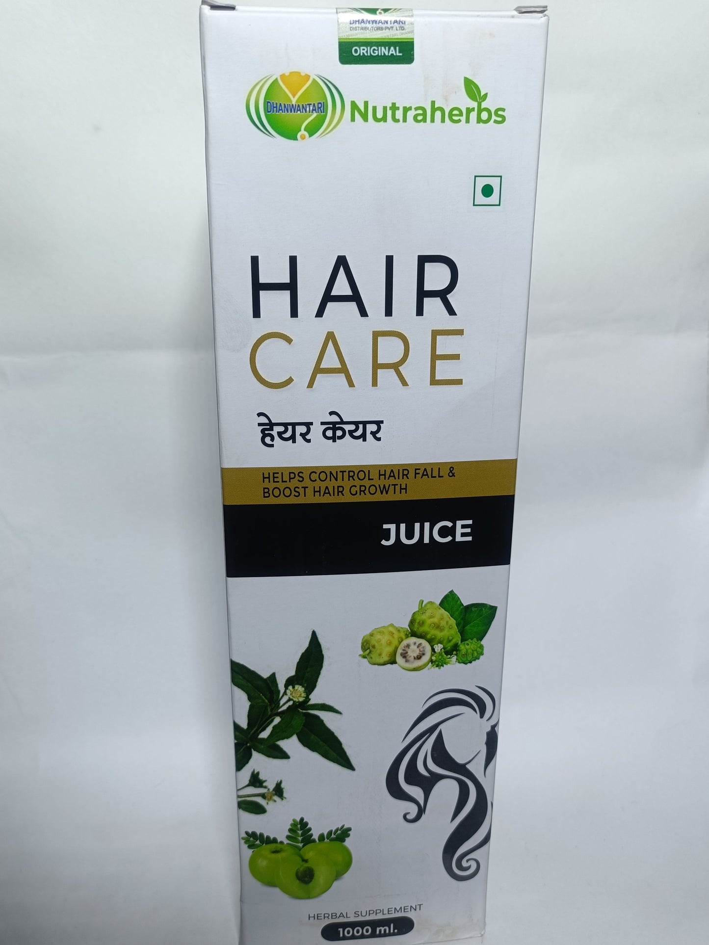 Hair care juice packaging with Nutraherbs branding on a white background