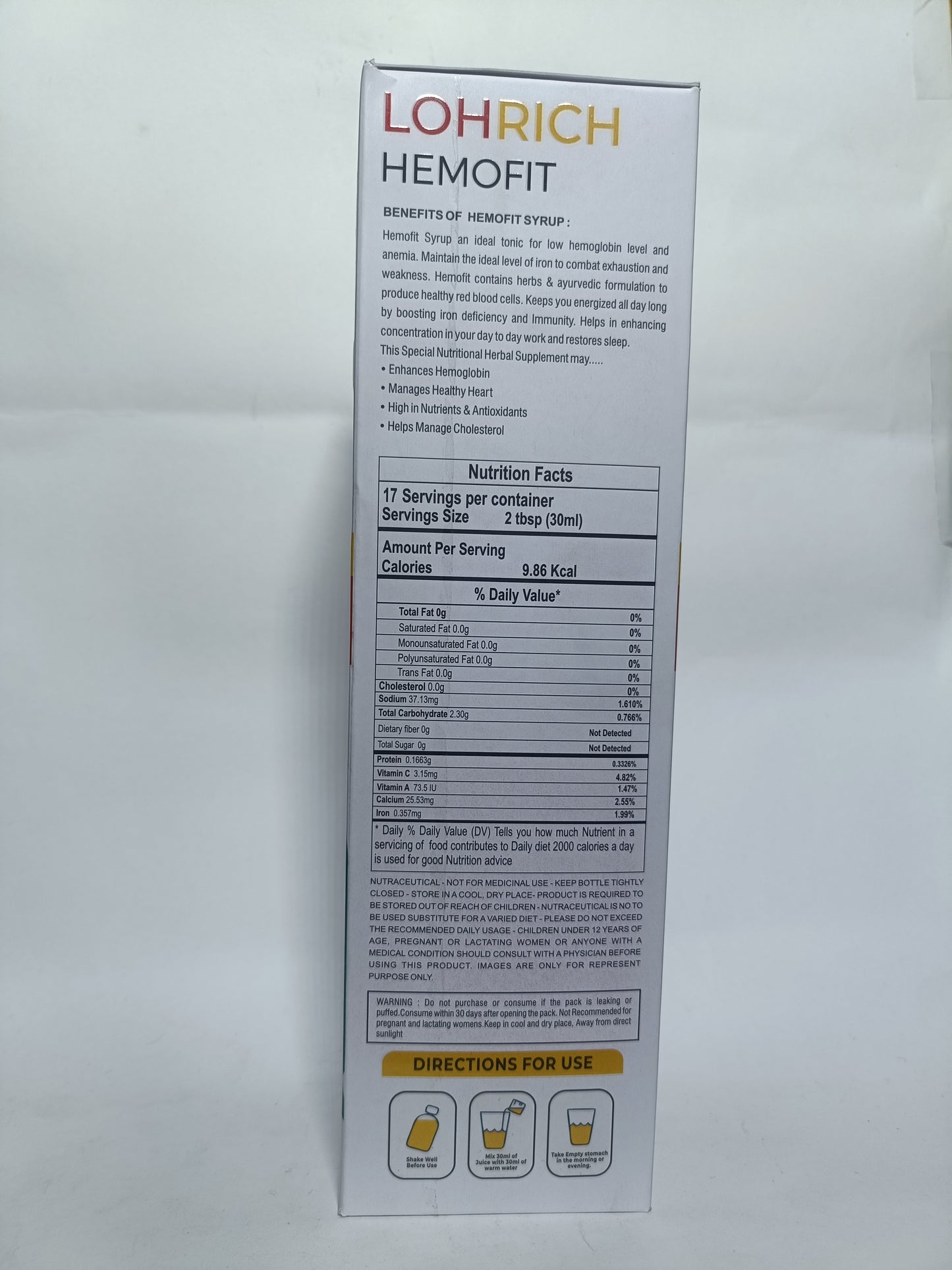 LohRich Hemofit supplement package with nutrition facts and usage instructions on a white background